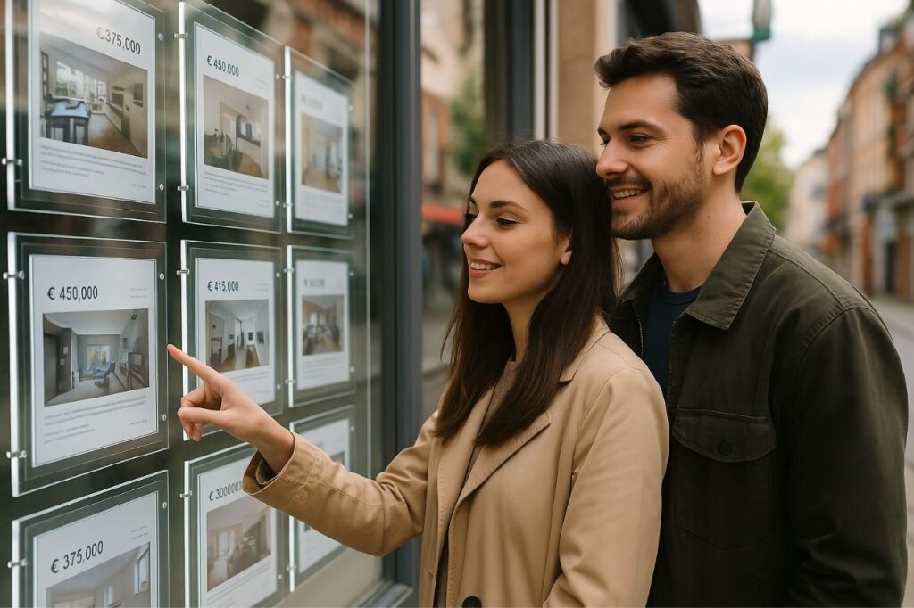 Jeune couple consultant des annonces immobilières en vitrine d’agence – investissement locatif à Saint-Ouen Demander à ChatGPT
